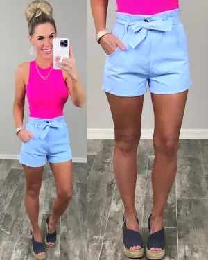 Bayside Stroll Paperbag Shorts - Sky Blue