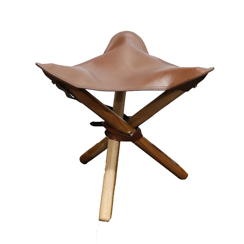 Chocolate Leather & Teak Wood Pellini Foldup Stool - Modern Chic