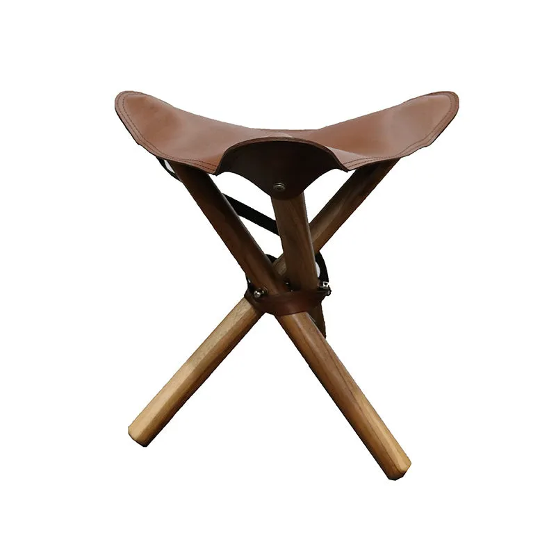 Chocolate Leather & Teak Wood Pellini Foldup Stool - Modern Chic