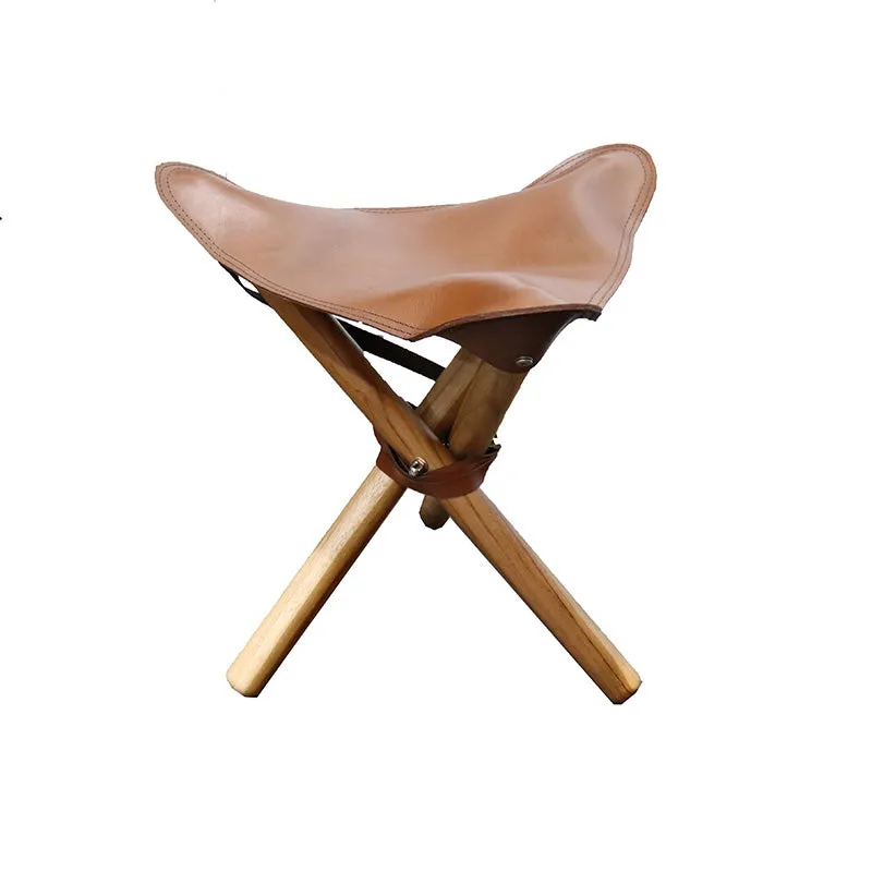 Chocolate Leather & Teak Wood Pellini Foldup Stool - Modern Chic