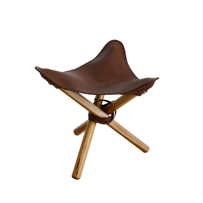 Chocolate Leather & Teak Wood Pellini Foldup Stool - Modern Chic