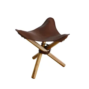Chocolate Leather & Teak Wood Pellini Foldup Stool - Modern Chic