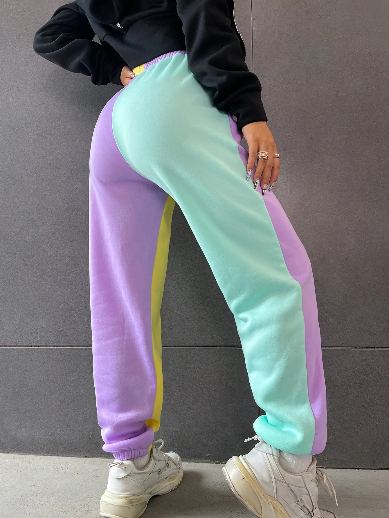 Colorblock Pocket Natural Long Women Sweatpants