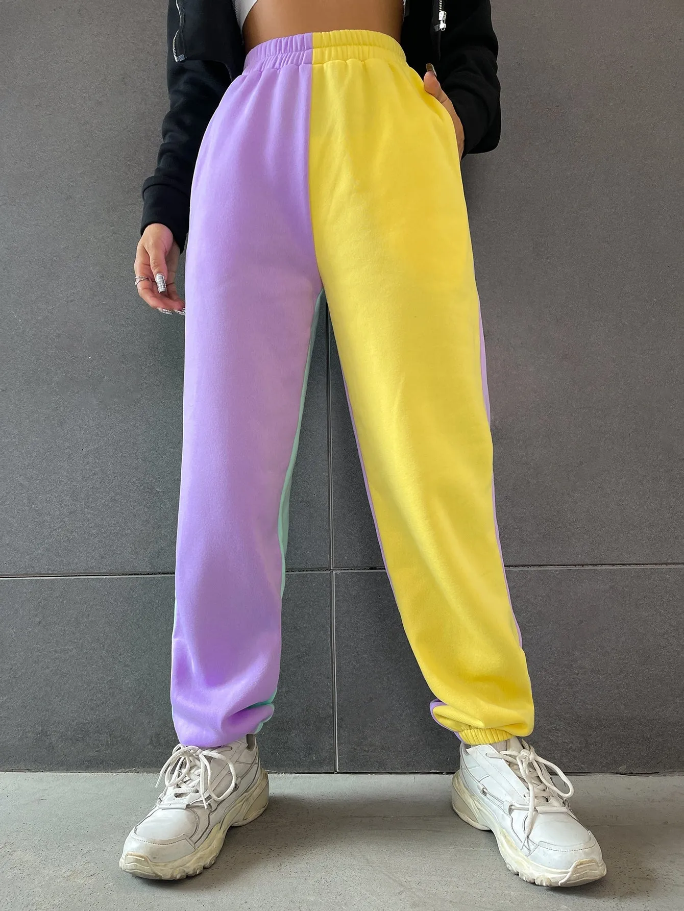 Colorblock Pocket Natural Long Women Sweatpants