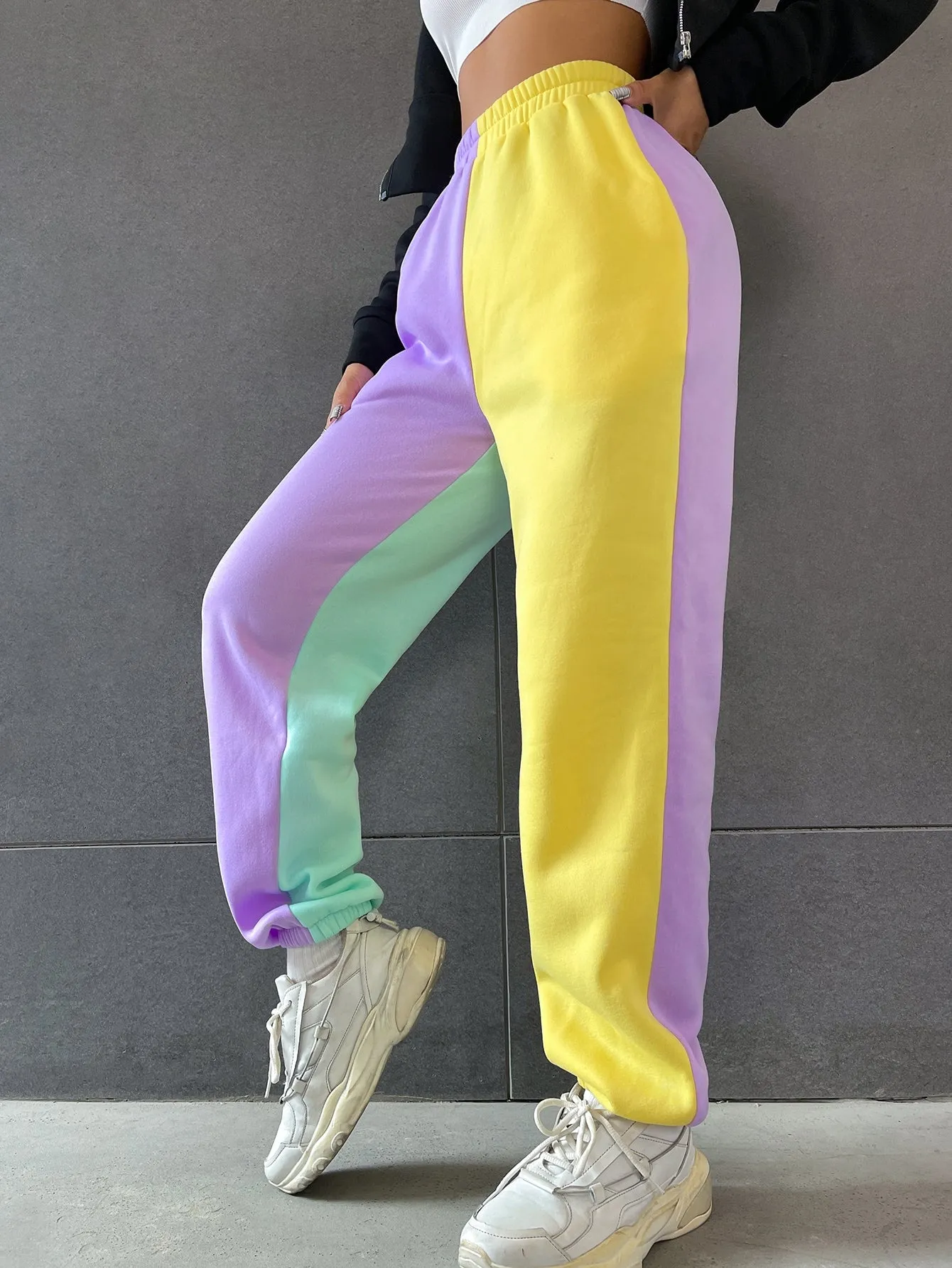 Colorblock Pocket Natural Long Women Sweatpants