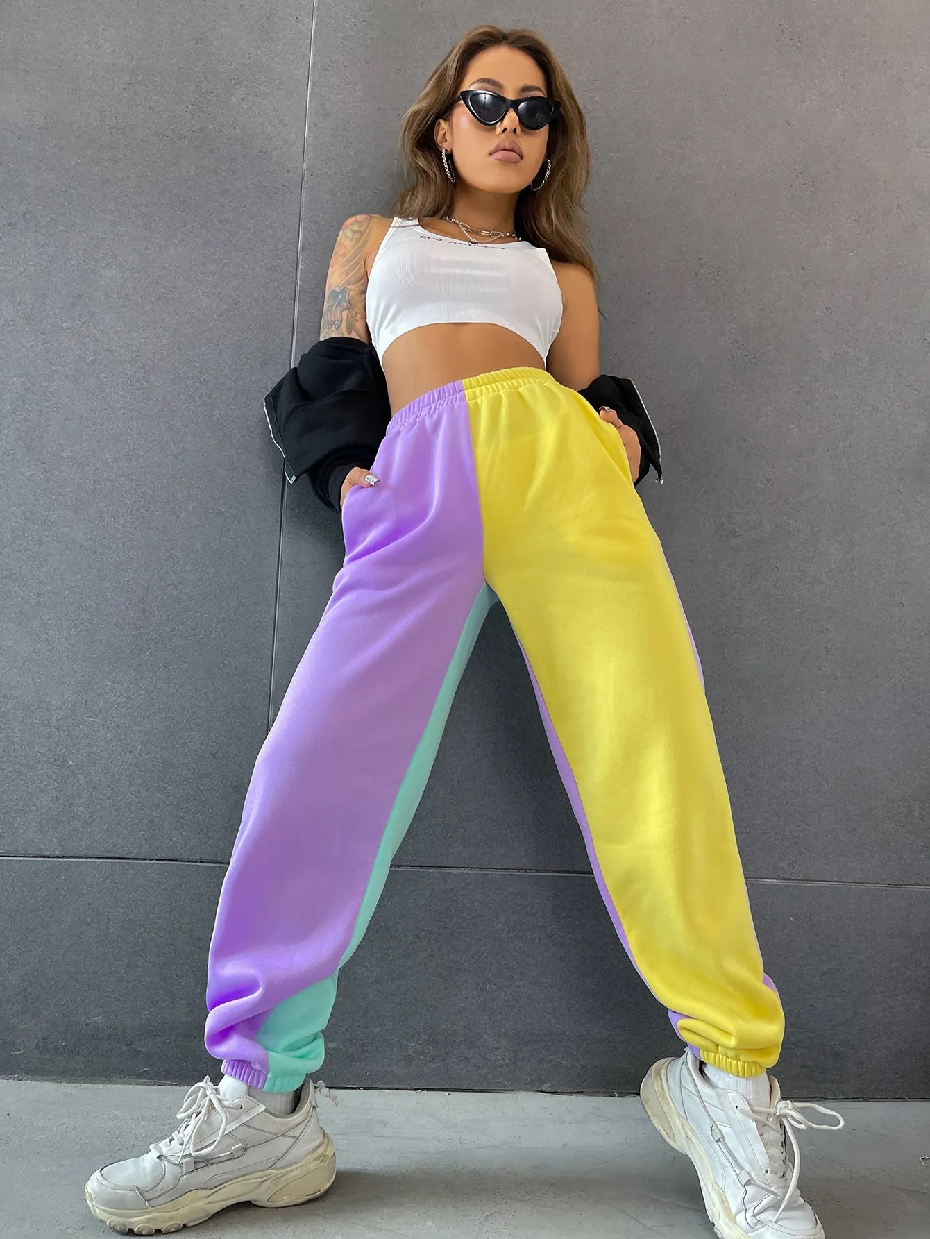 Colorblock Pocket Natural Long Women Sweatpants