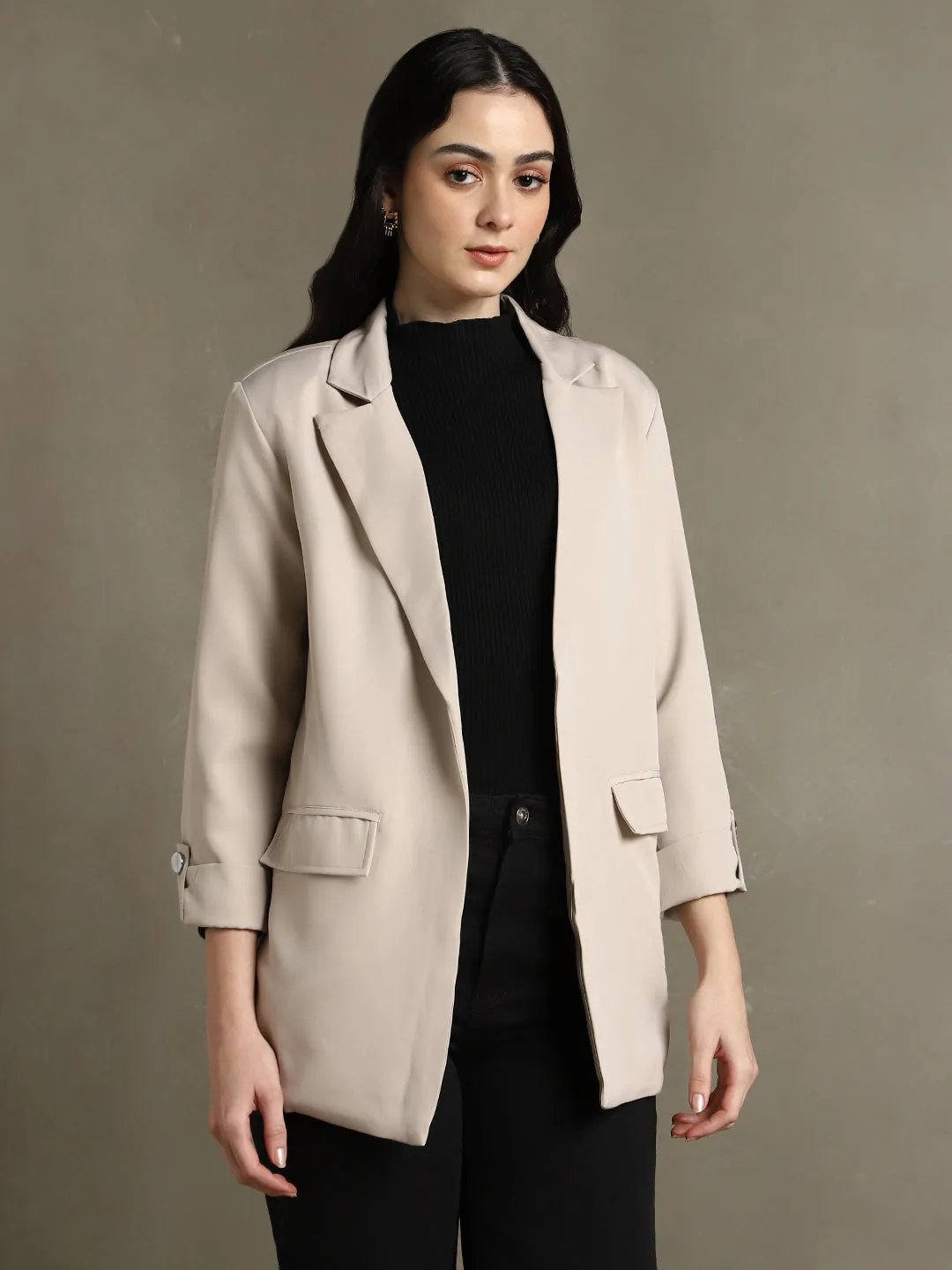 DL Woman Khaki Solid Lapel Collar Full Sleeves Regular Fit Blazer