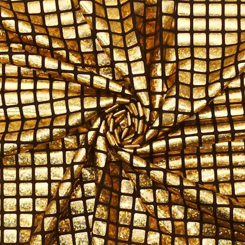 Gold/Black Grid Foil Printed Stretch Activewear Knit Fabric