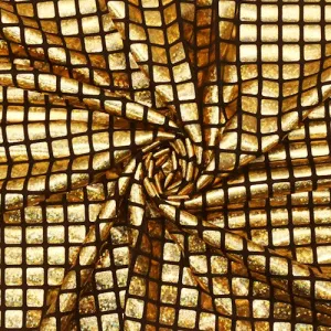 Gold/Black Grid Foil Printed Stretch Activewear Knit Fabric