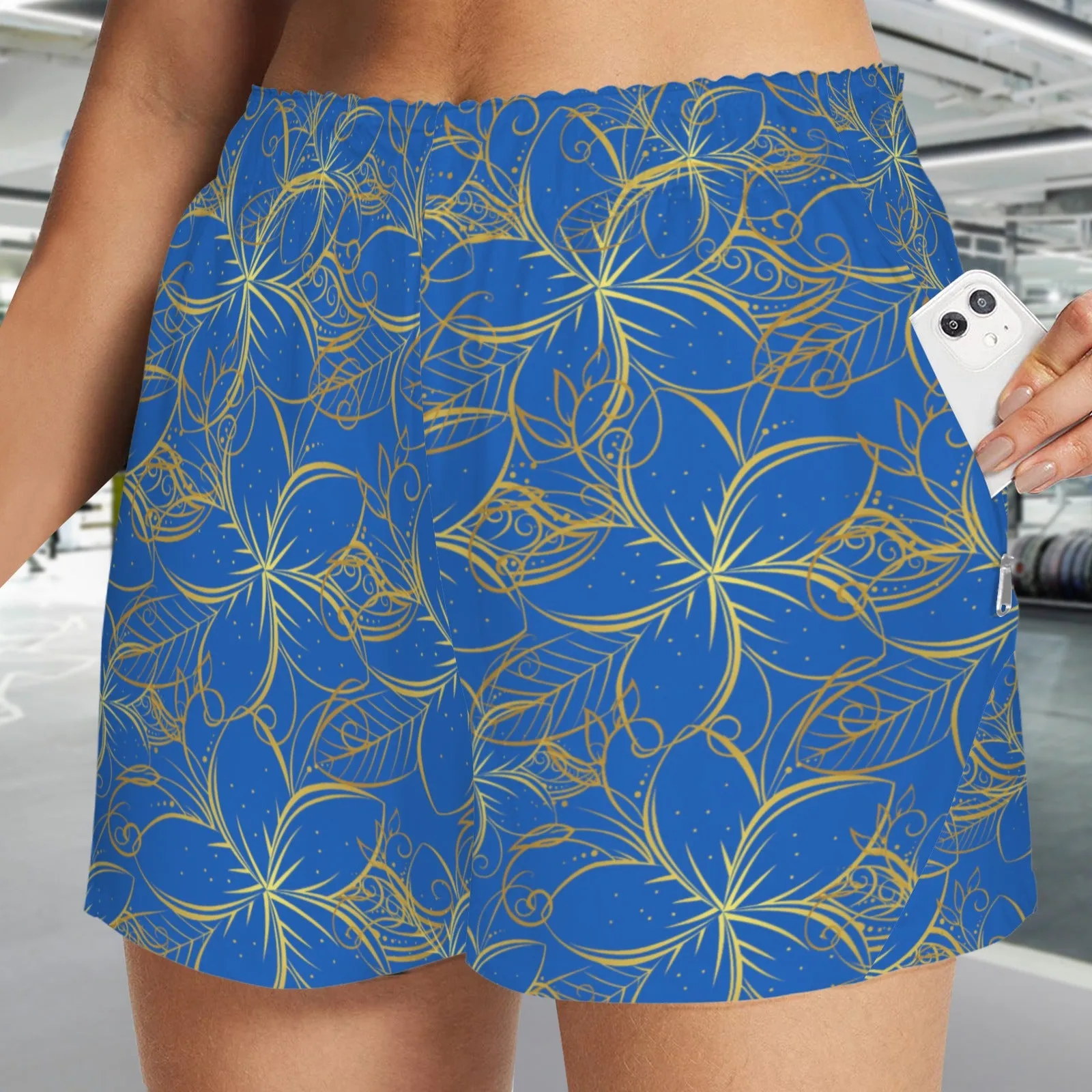 Golden Frangipani Blue Art Zip Pocket Shorts up to 5 XL (FWS)