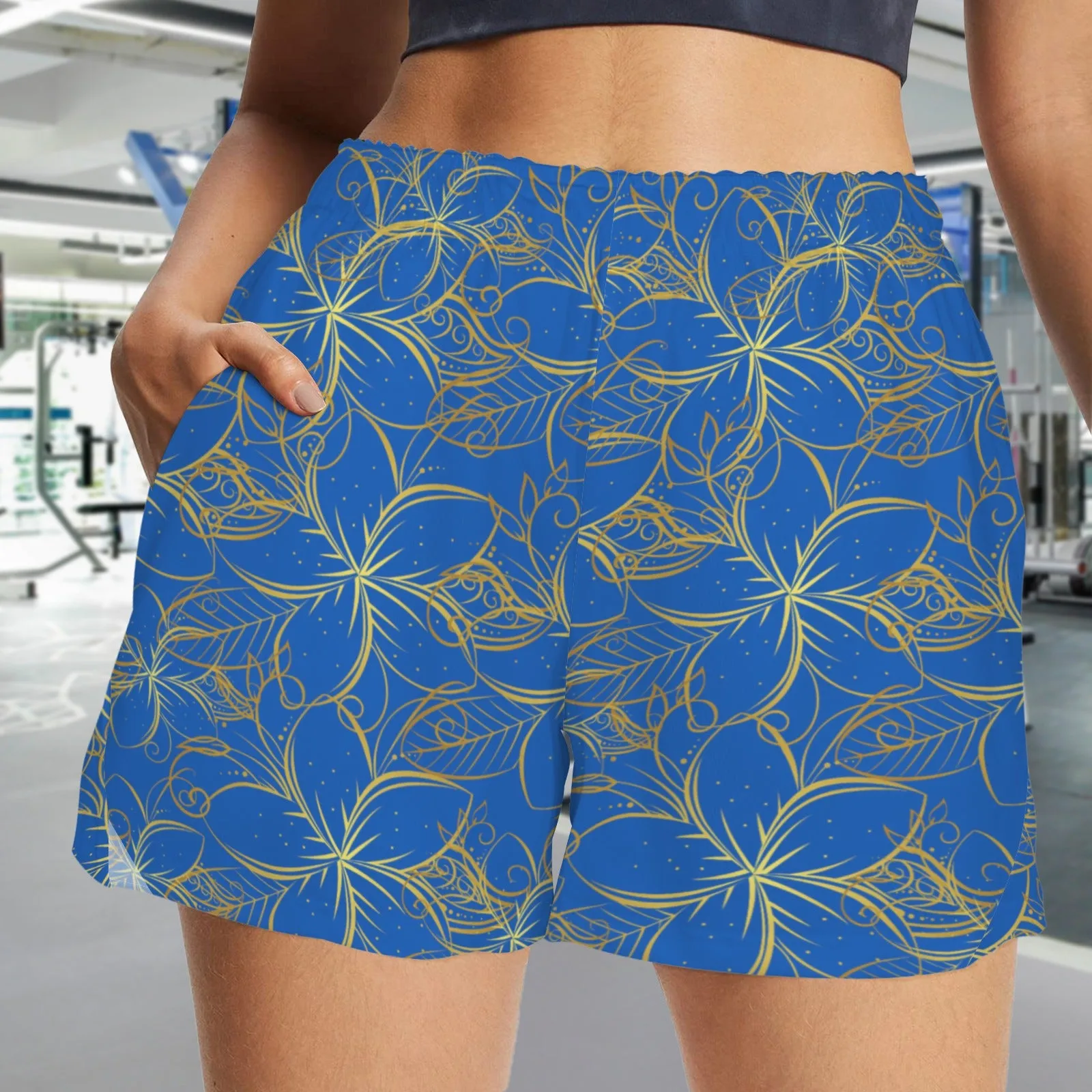 Golden Frangipani Blue Art Zip Pocket Shorts up to 5 XL (FWS)