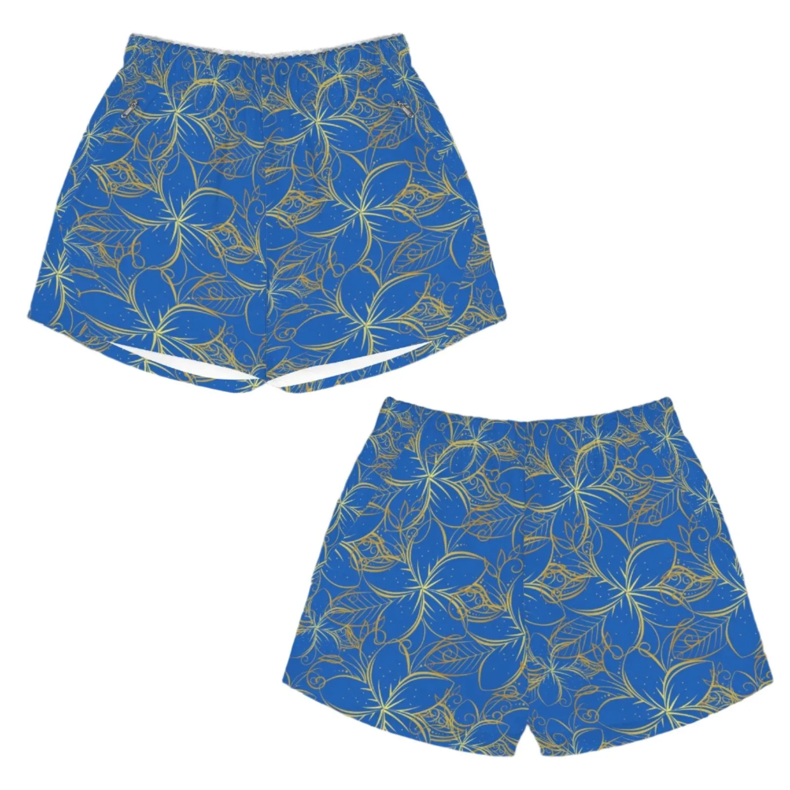 Golden Frangipani Blue Art Zip Pocket Shorts up to 5 XL (FWS)
