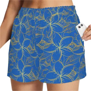 Golden Frangipani Blue Art Zip Pocket Shorts up to 5 XL (FWS)