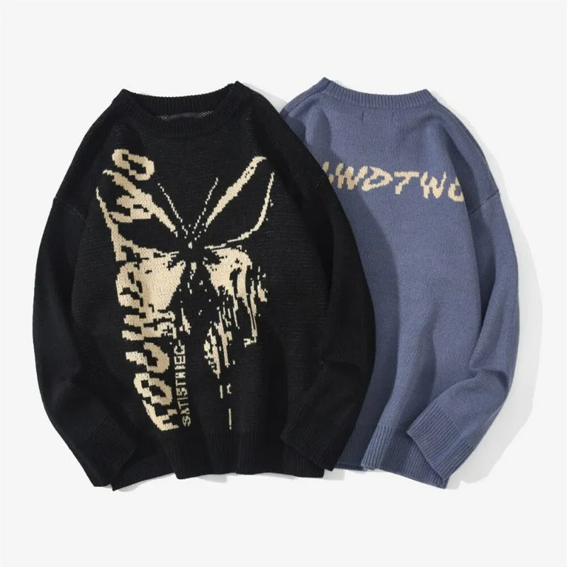 Harajuku Fashion Butterfly Knitwear Sweaters, Hip Hop Loose Pullover Sweaters for Men and Women, Casual Streetwear Tops