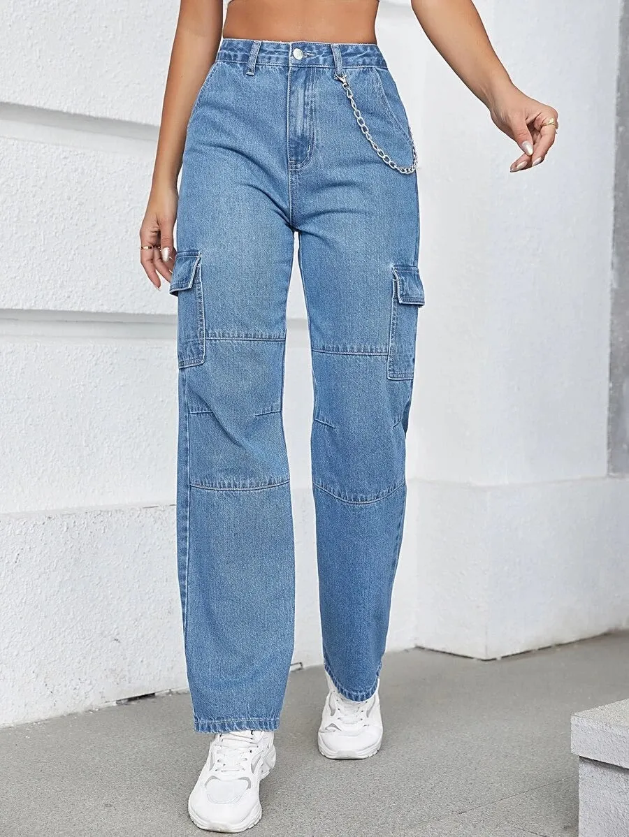 High Waist Chain Detail Cargo Jeans