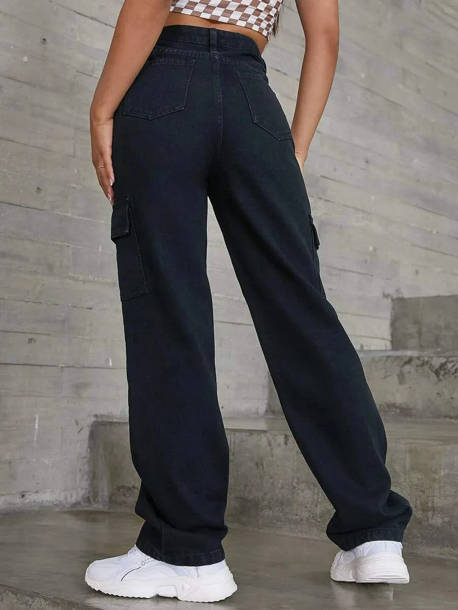 High Waist Chain Detail Cargo Jeans