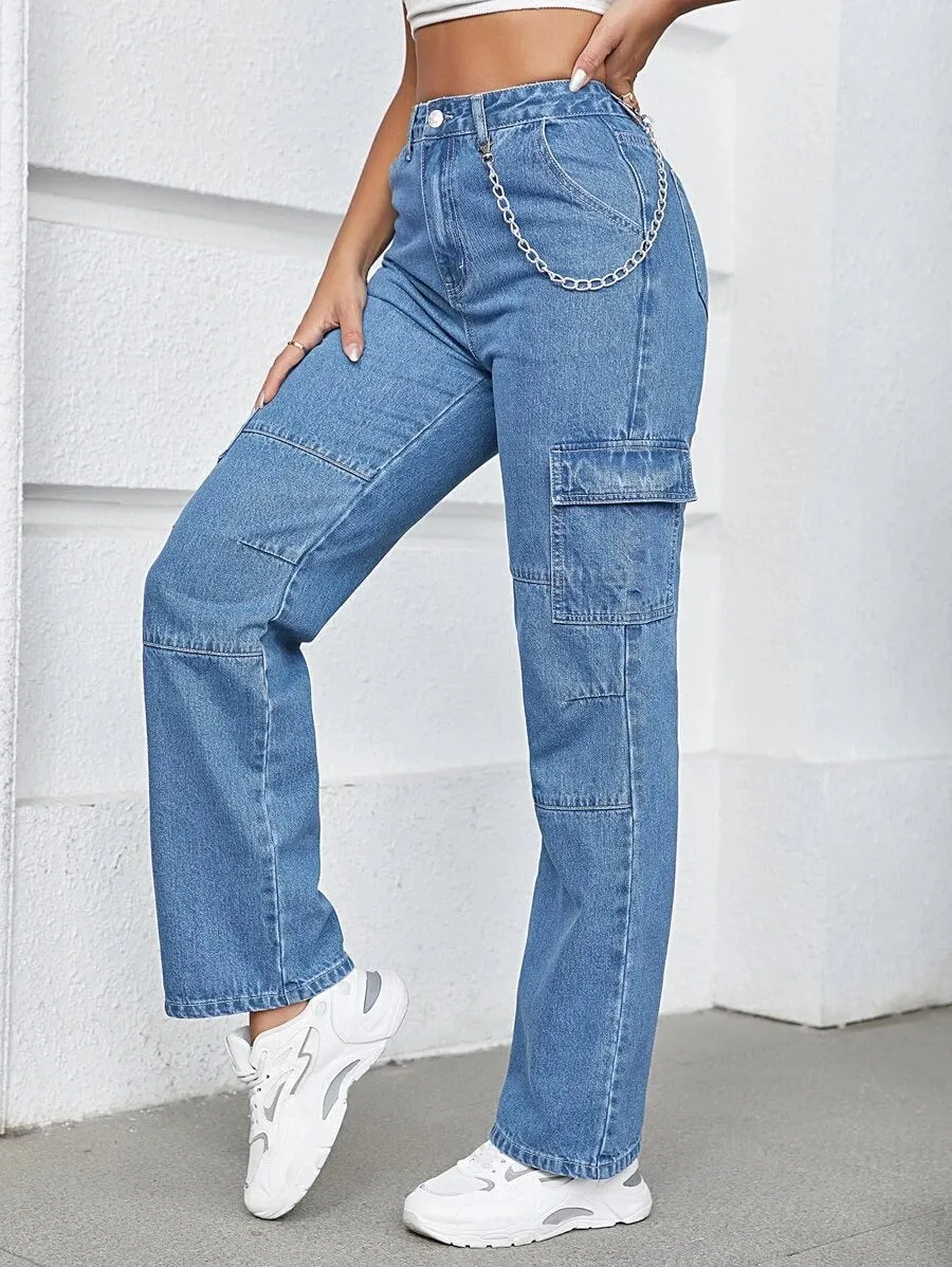 High Waist Chain Detail Cargo Jeans