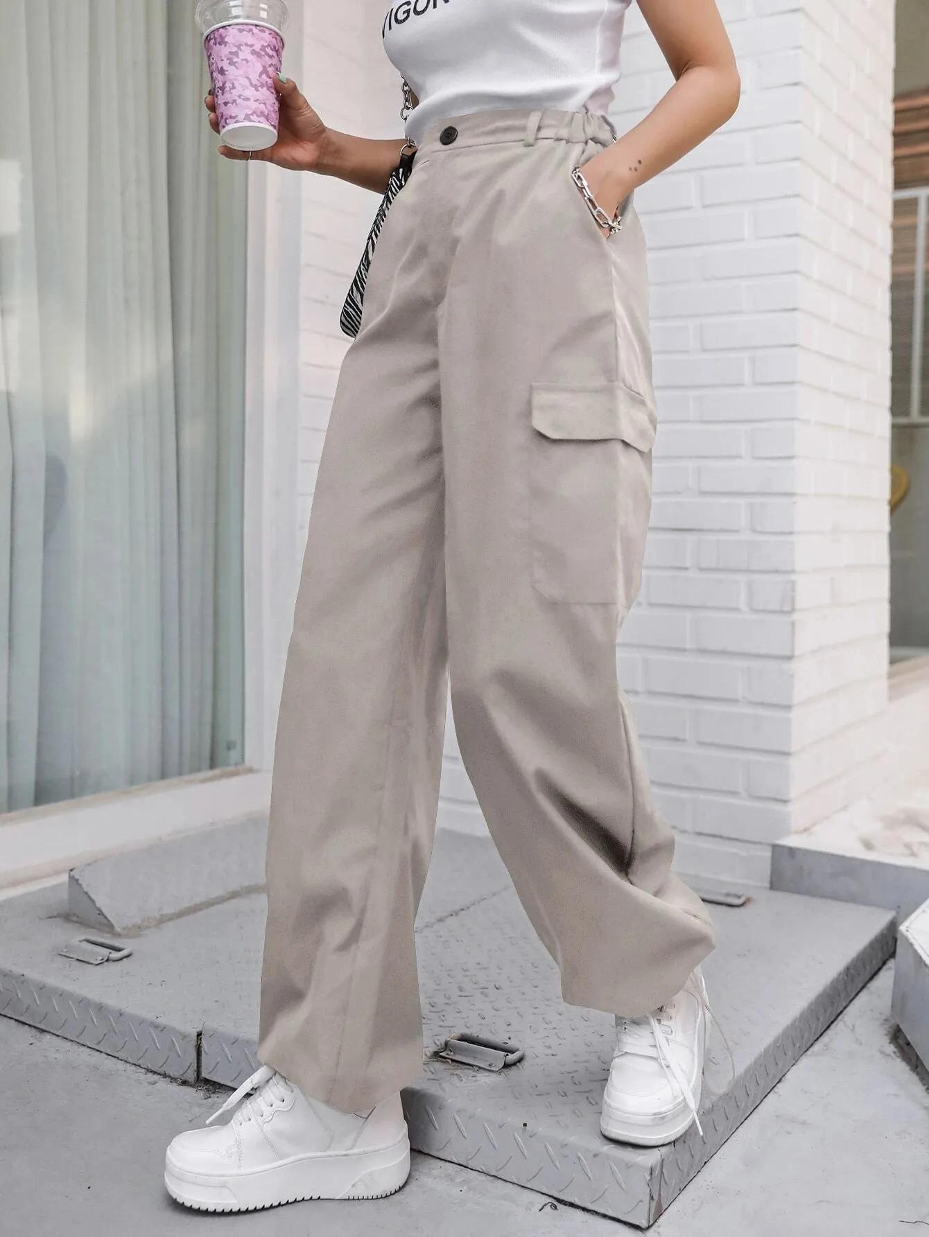 High Waist Non Stretch Cargo Pants