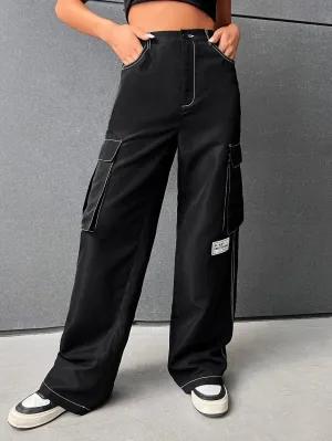 Letter Patched Detail Flap Pocket Side Cargo Pants