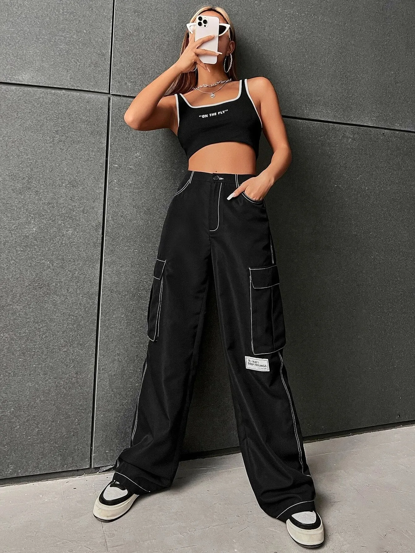 Letter Patched Detail Flap Pocket Side Cargo Pants