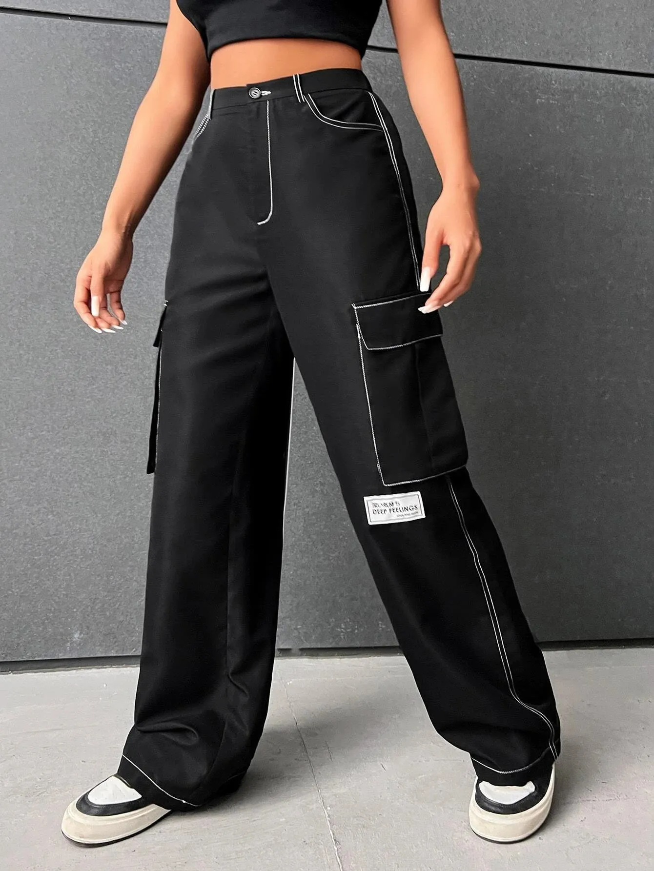 Letter Patched Detail Flap Pocket Side Cargo Pants