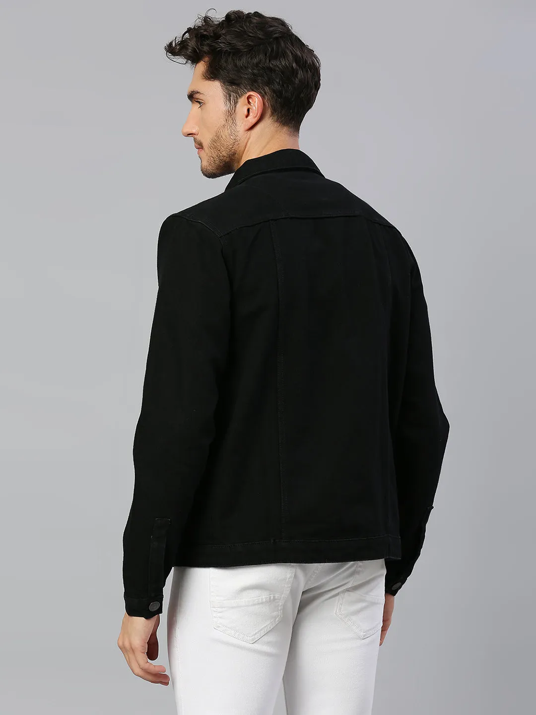 Men's Regular Fit Long Sleeve Button Down Panel Denim Jacket  (Black)