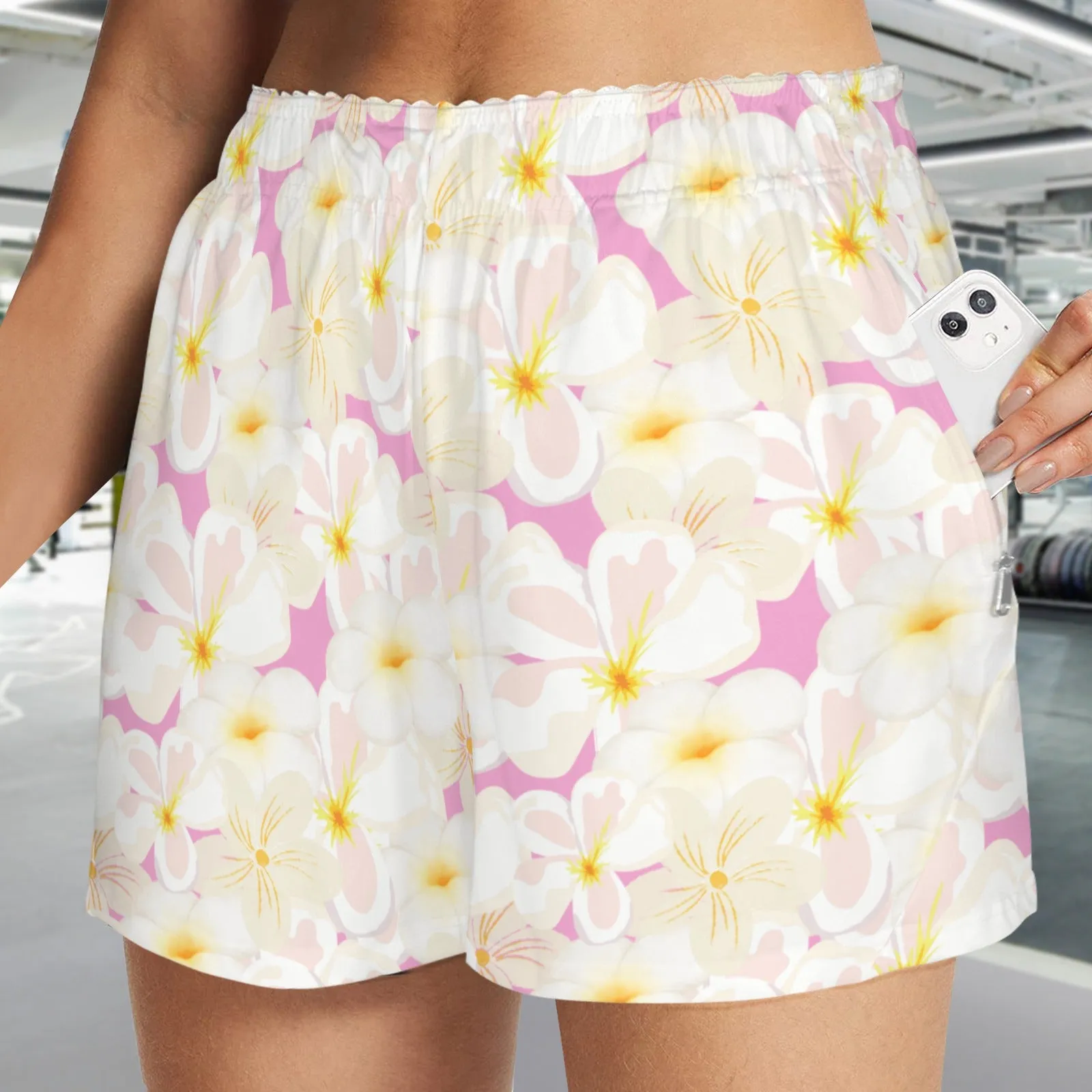 Pastel Frangipanis Pink Zip Pocket Shorts up to 5 XL (FWS)