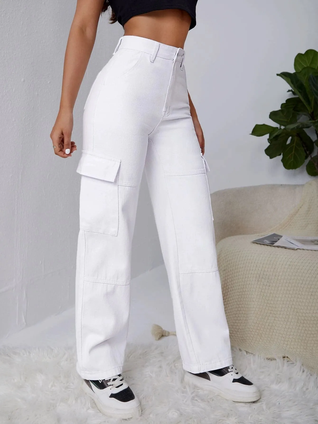 Plain Flap Pocket White Cargo Jeans