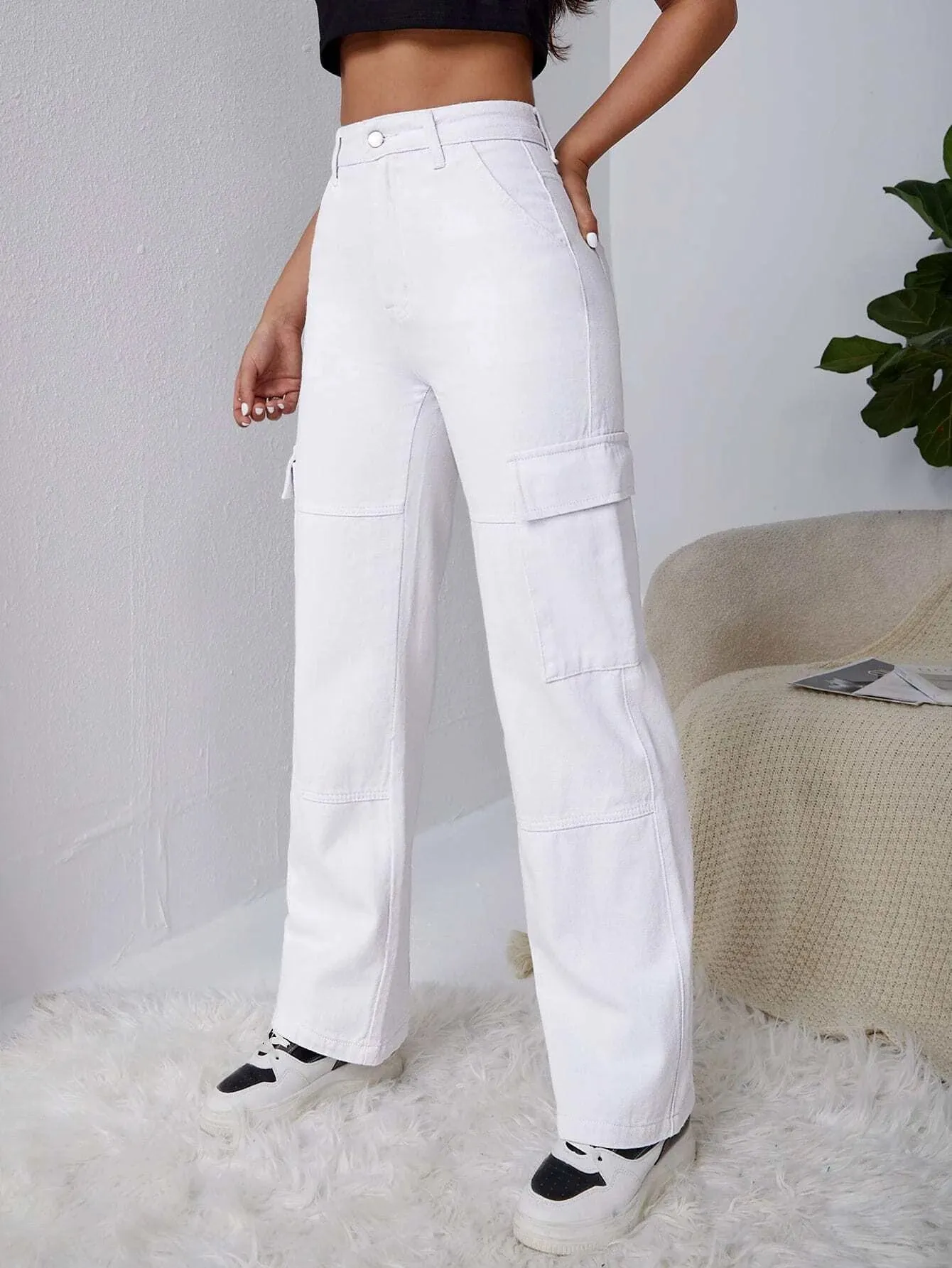 Plain Flap Pocket White Cargo Jeans