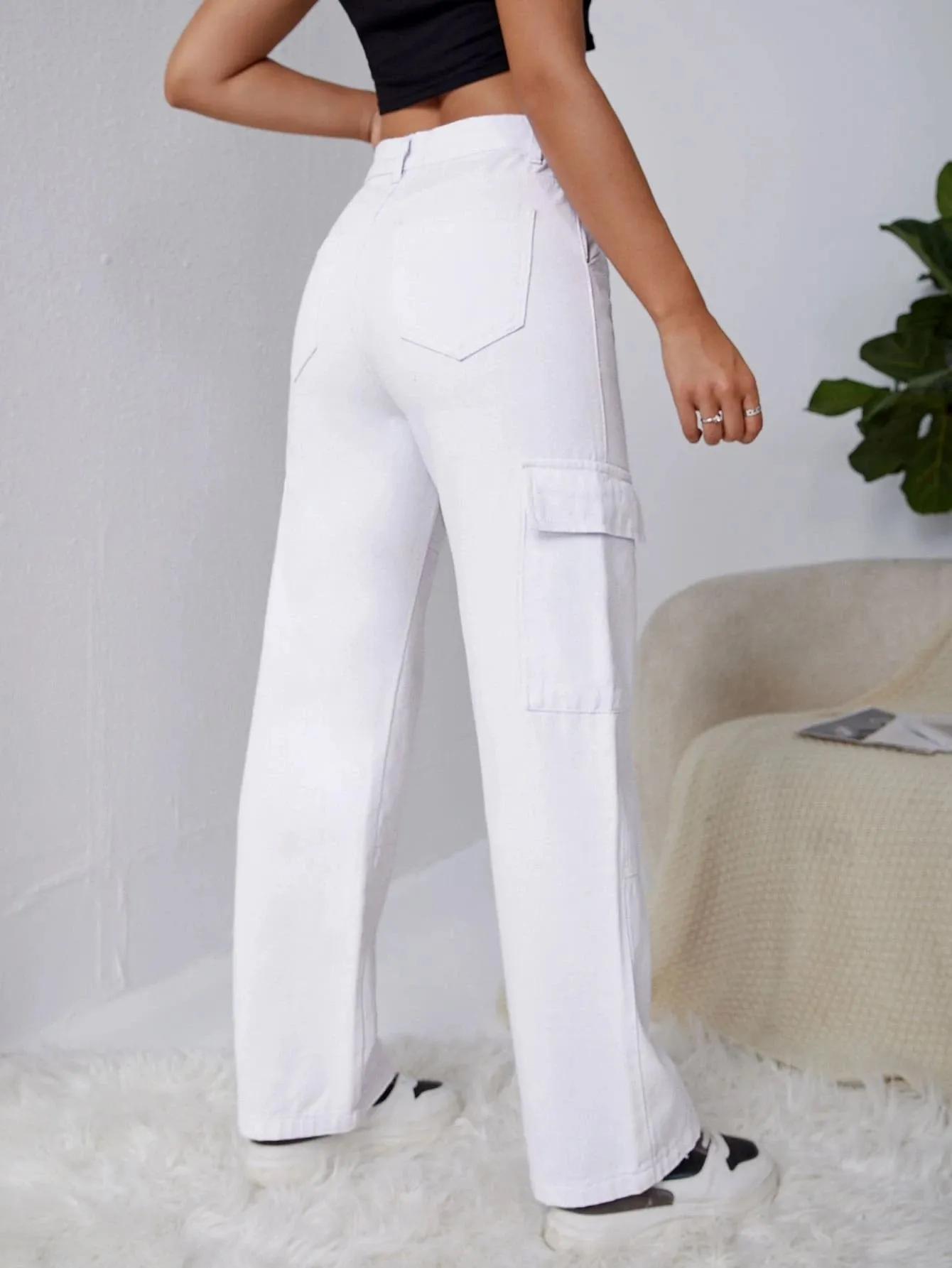Plain Flap Pocket White Cargo Jeans