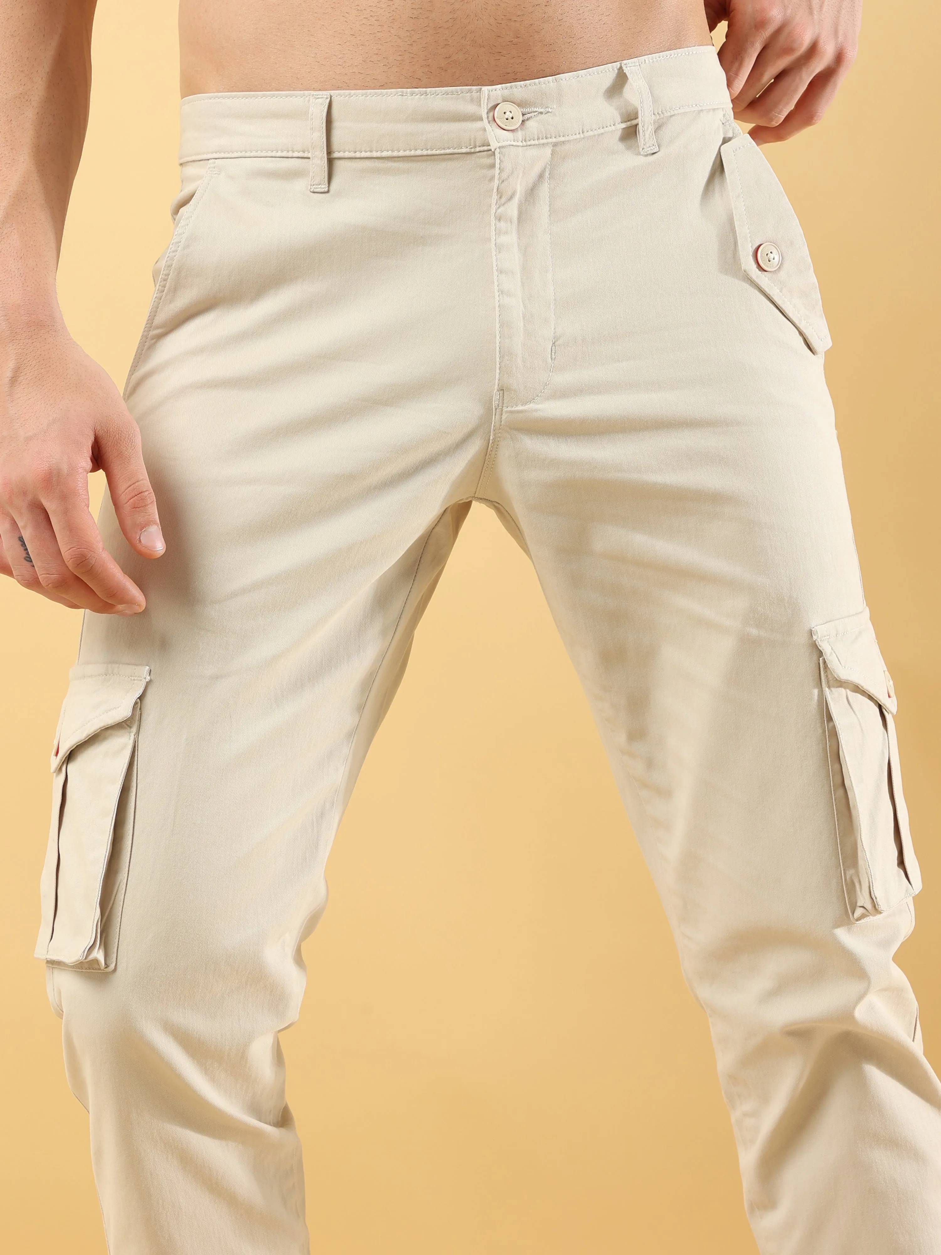 Slim Fit Cargo Cream Trouser