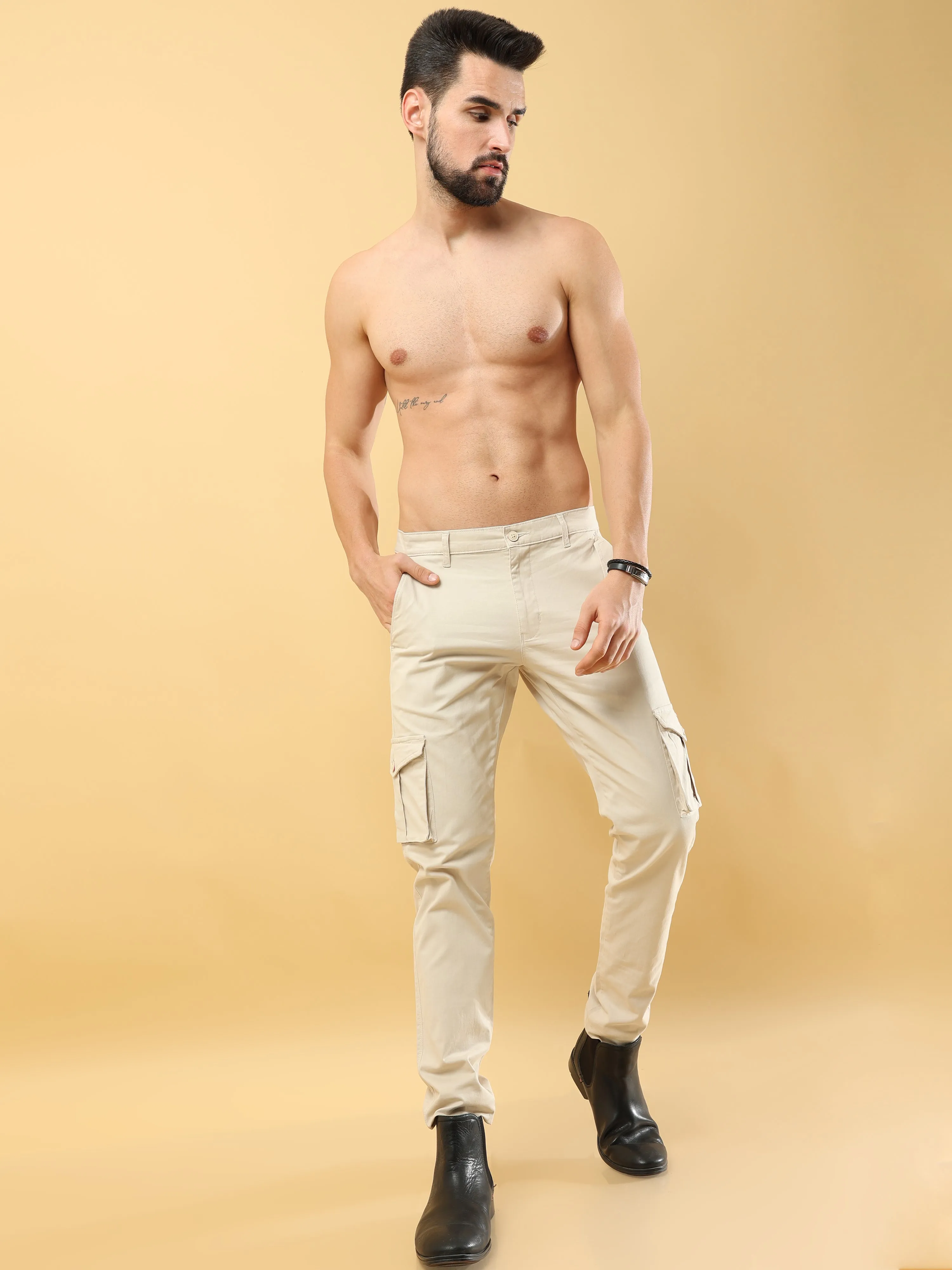 Slim Fit Cargo Cream Trouser