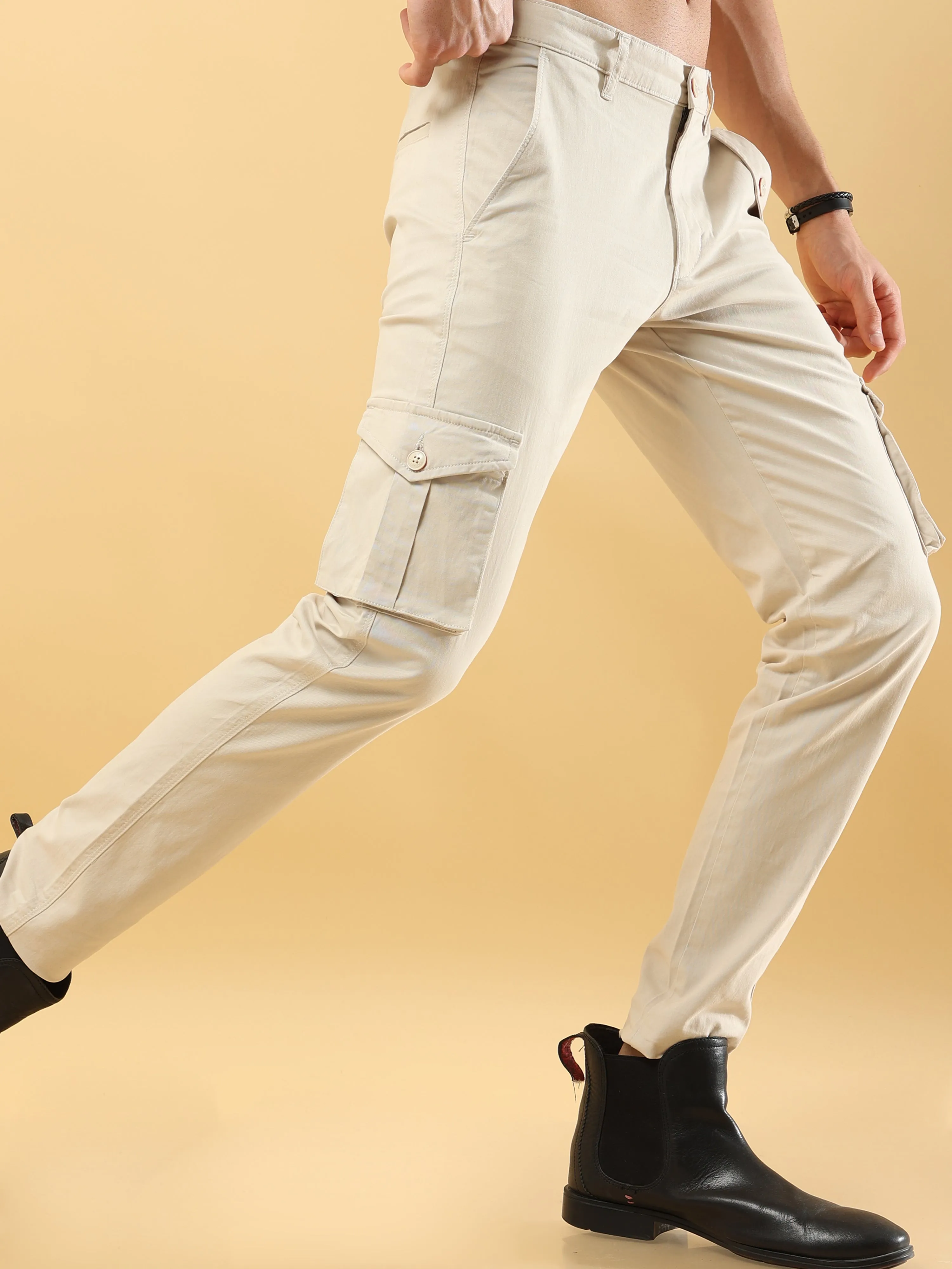 Slim Fit Cargo Cream Trouser