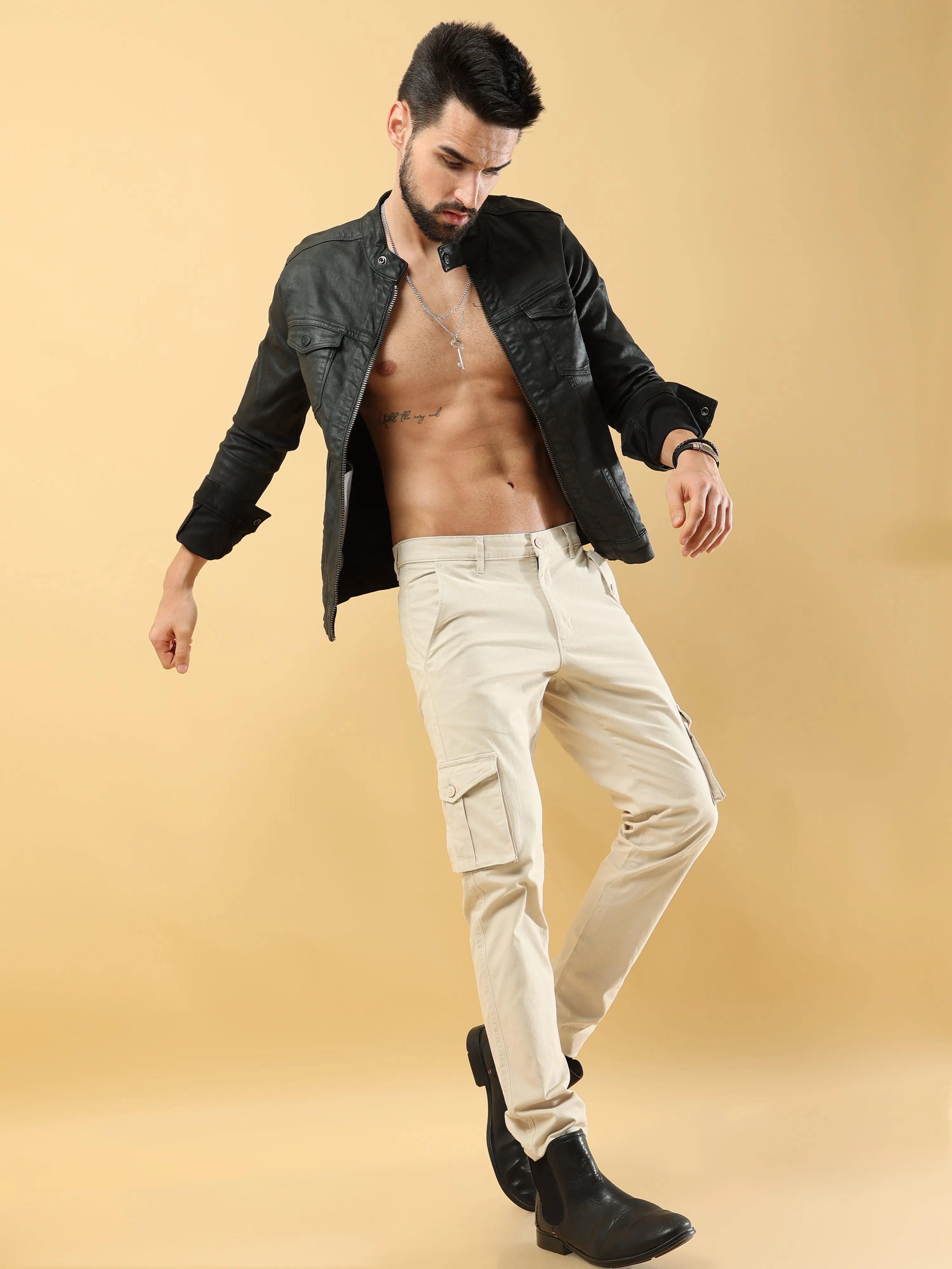 Slim Fit Cargo Cream Trouser