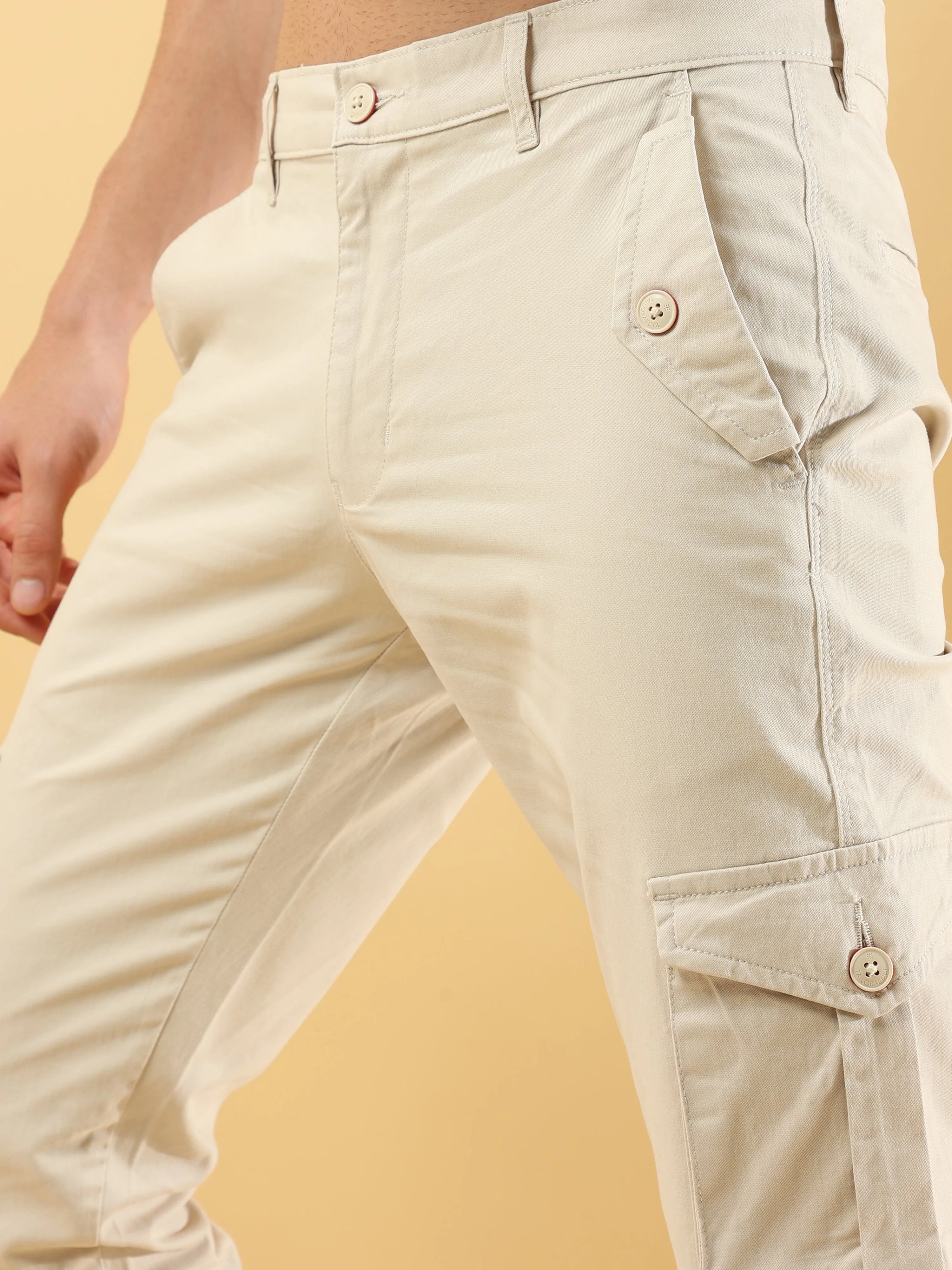 Slim Fit Cargo Cream Trouser
