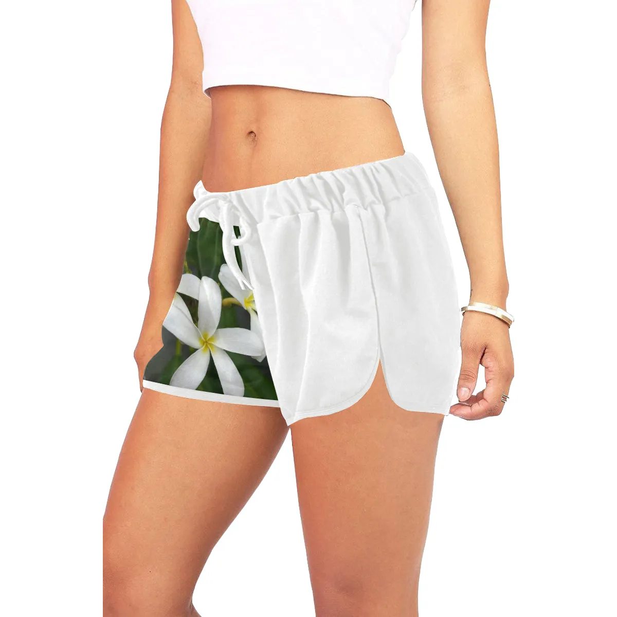 White Frangipanis Drawstring Shorts