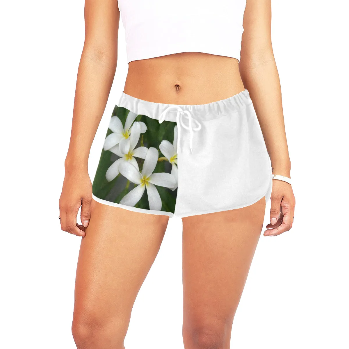 White Frangipanis Drawstring Shorts