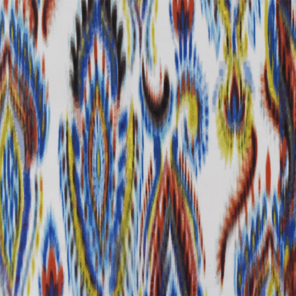 White-Multi Abstract Ikat Print Stretch poly Tricot Knit Swimwear Fabric