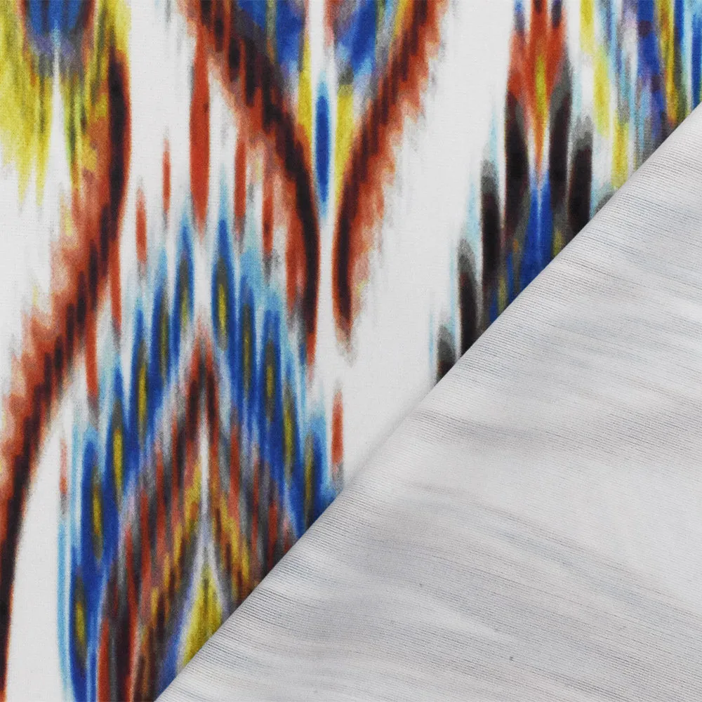 White-Multi Abstract Ikat Print Stretch poly Tricot Knit Swimwear Fabric