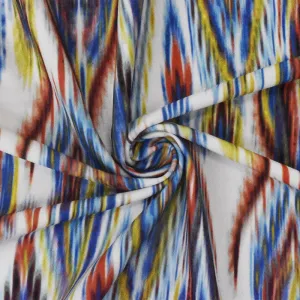 White-Multi Abstract Ikat Print Stretch poly Tricot Knit Swimwear Fabric