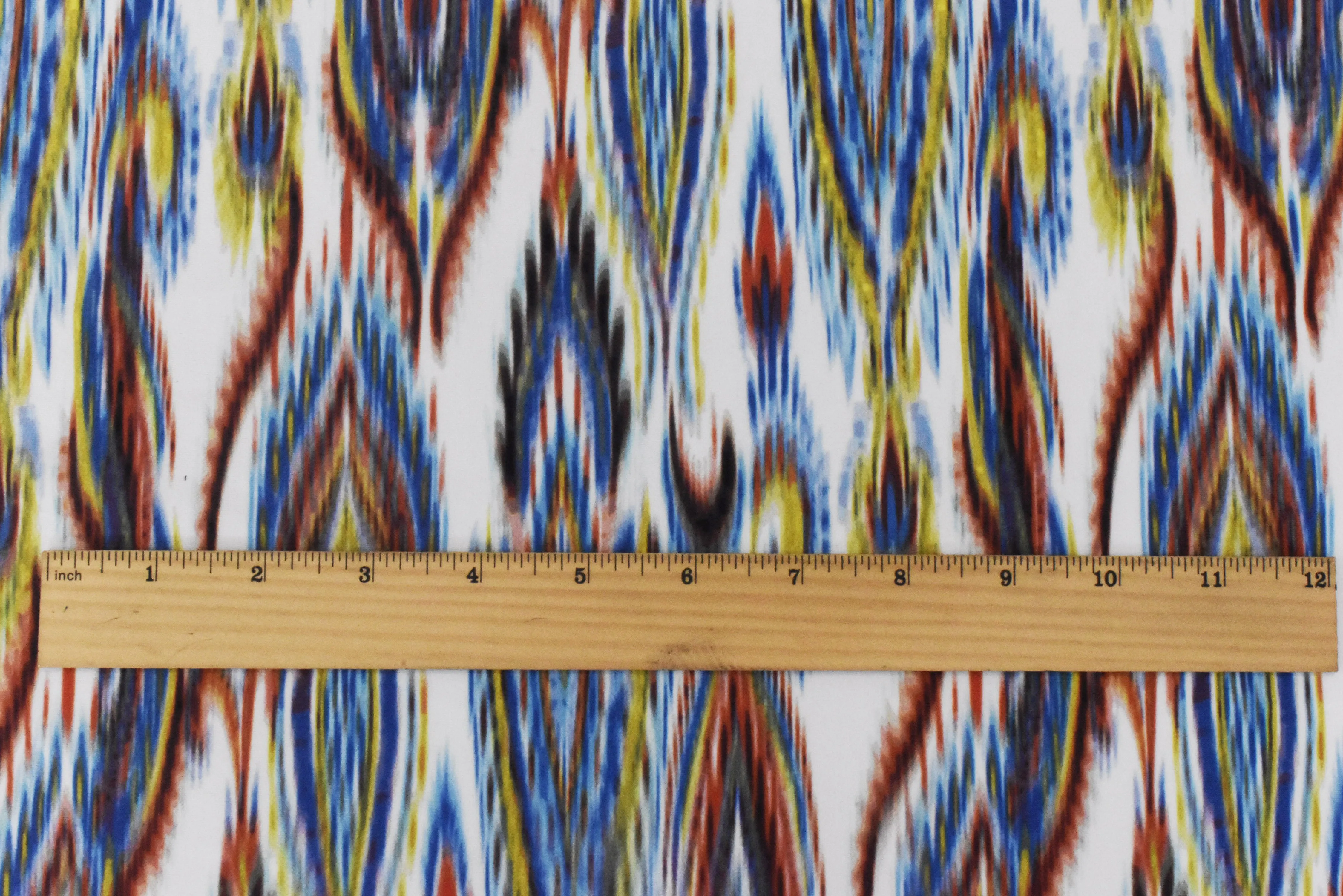 White-Multi Abstract Ikat Print Stretch poly Tricot Knit Swimwear Fabric