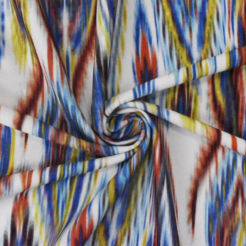 White-Multi Abstract Ikat Print Stretch poly Tricot Knit Swimwear Fabric