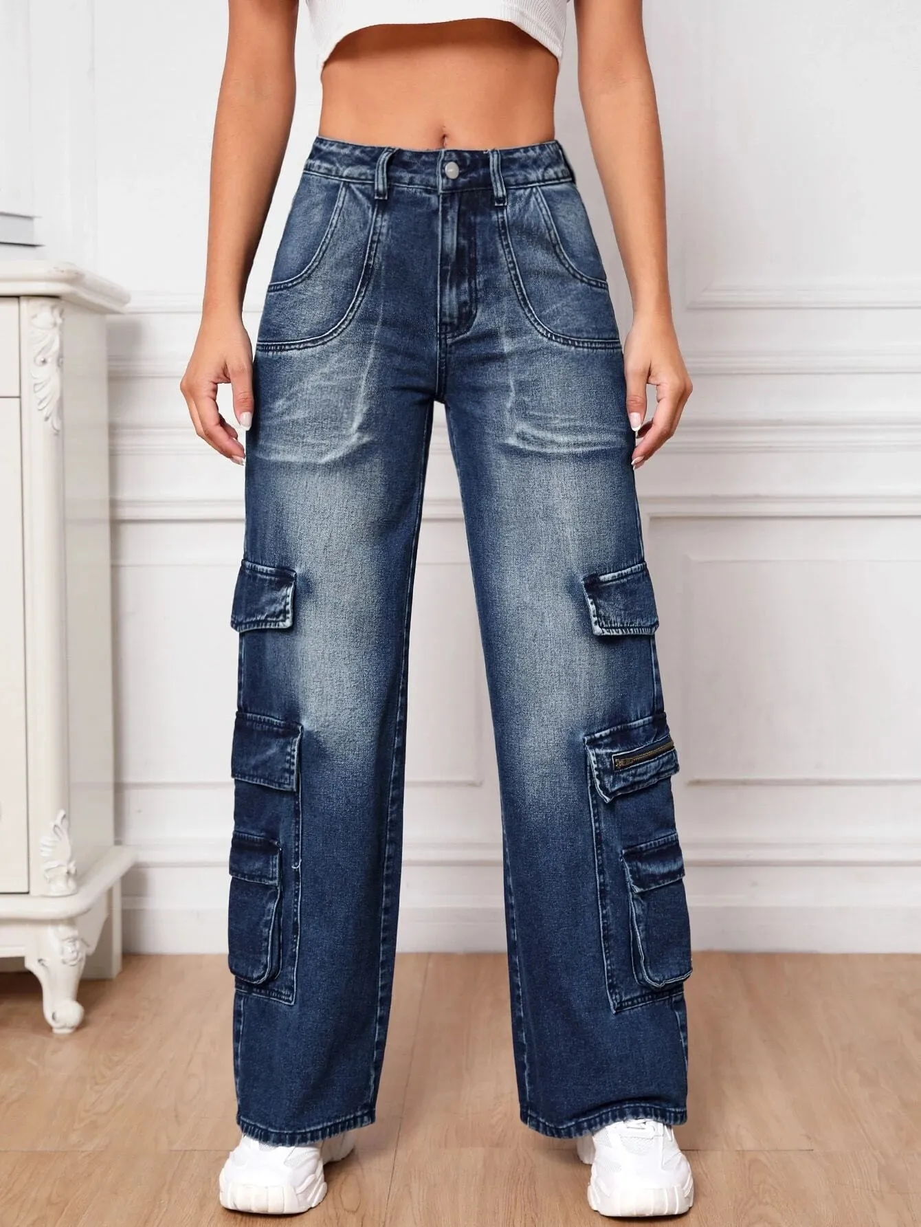 Wide Length Pocket Cargo Jeans