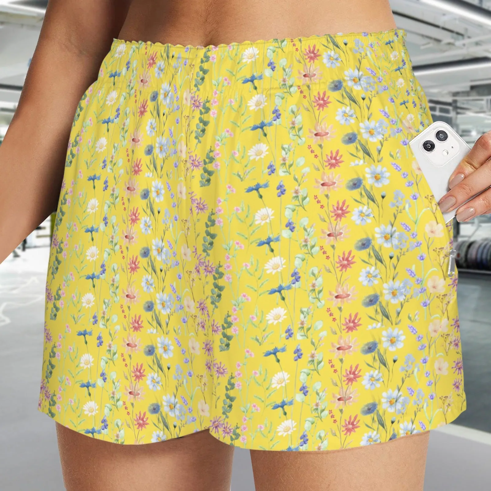 Wildflowers Painted Yellow Zip Pocket Shorts up to 5 XL (FWS)