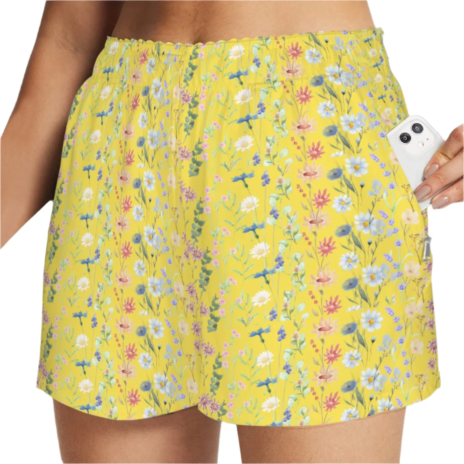 Wildflowers Painted Yellow Zip Pocket Shorts up to 5 XL (FWS)